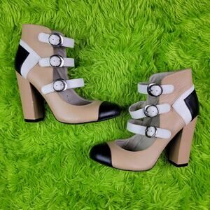 Mojo Moxy Colorblock Beige White Black Leather Strappy Heels, 7